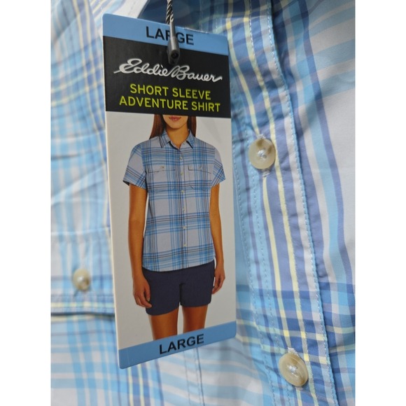 Eddie Bauer Ladies Short Sleeve Adventure Shirt,‎ Large, Blue Plaid, Button up - Picture 4 of 4